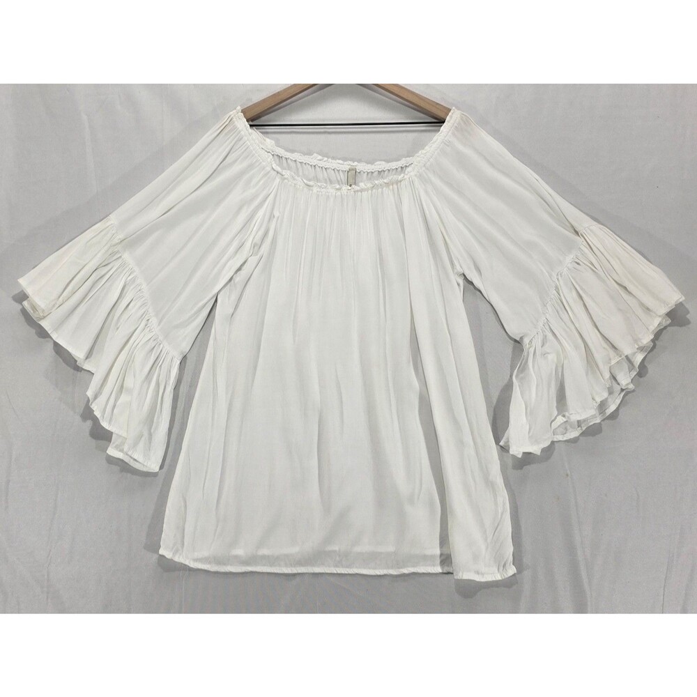 Elan White Off Shoulder Tunic Blouse OS Ruffle Bell Sleeve Boho Festival Coastal